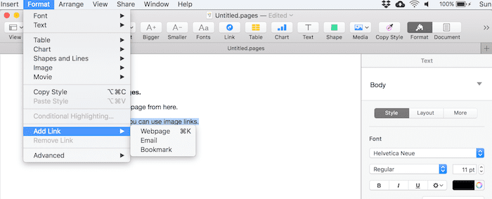 Add hyperlinks in Apple Pages